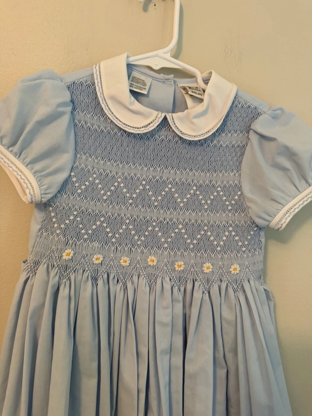 Sarah Louise Light Blue Hand Smocked Peter Pan Collar Dress - Picture 2 of 5